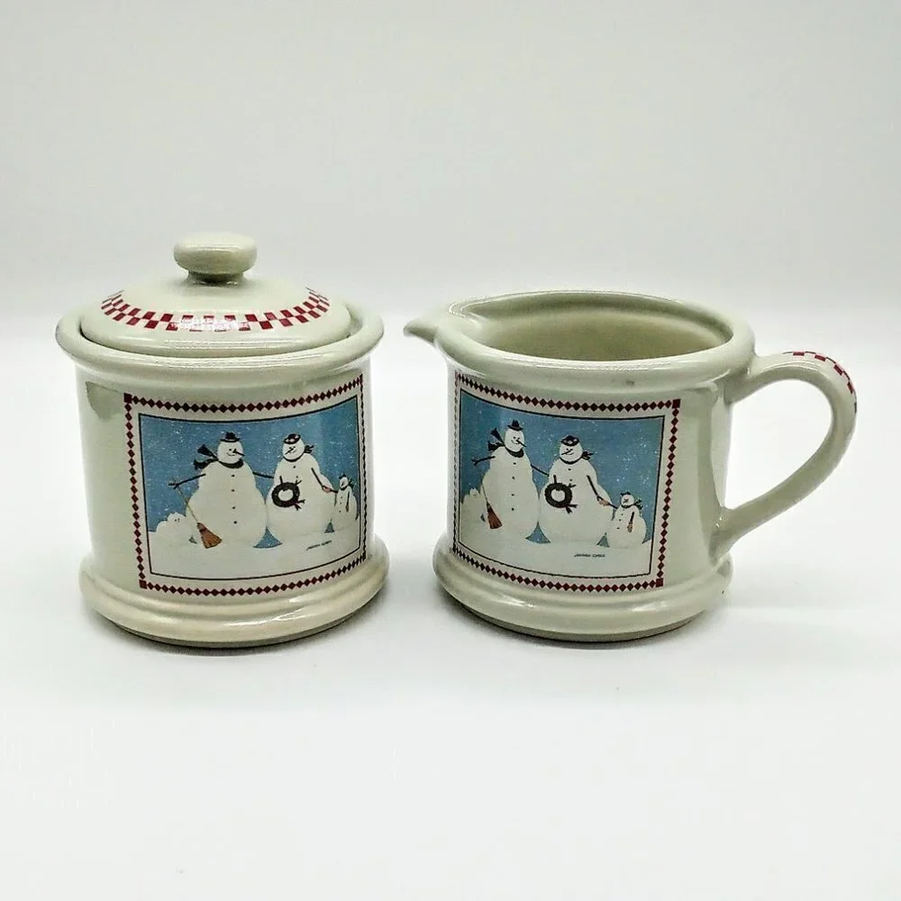 Vintage Warren Kimble Snowman Ceramic Covered Sugar & Creamer